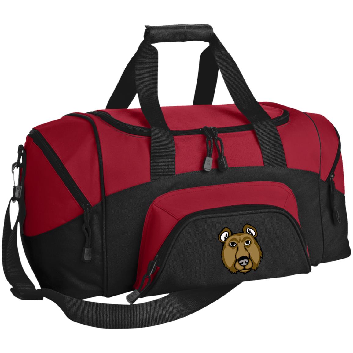 Small red and grey duffel bag brown bear