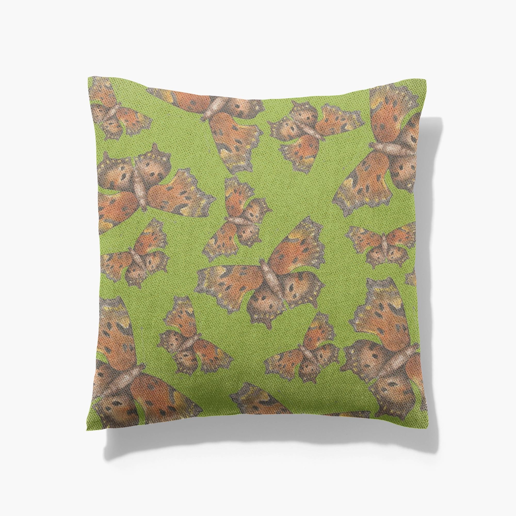 Cotton/poly blend woven pillow green coma butterfly pattern