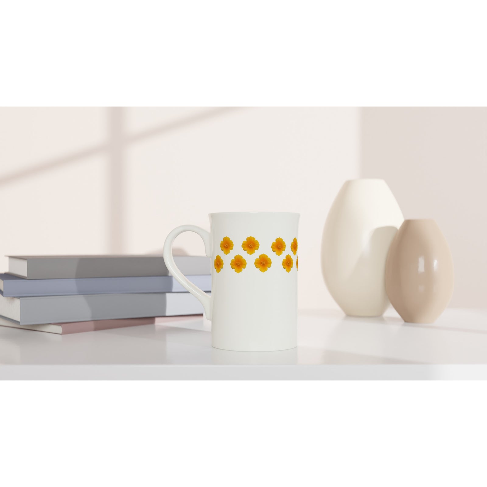 10 oz slim porcelain mug orange field poppy floral pattern