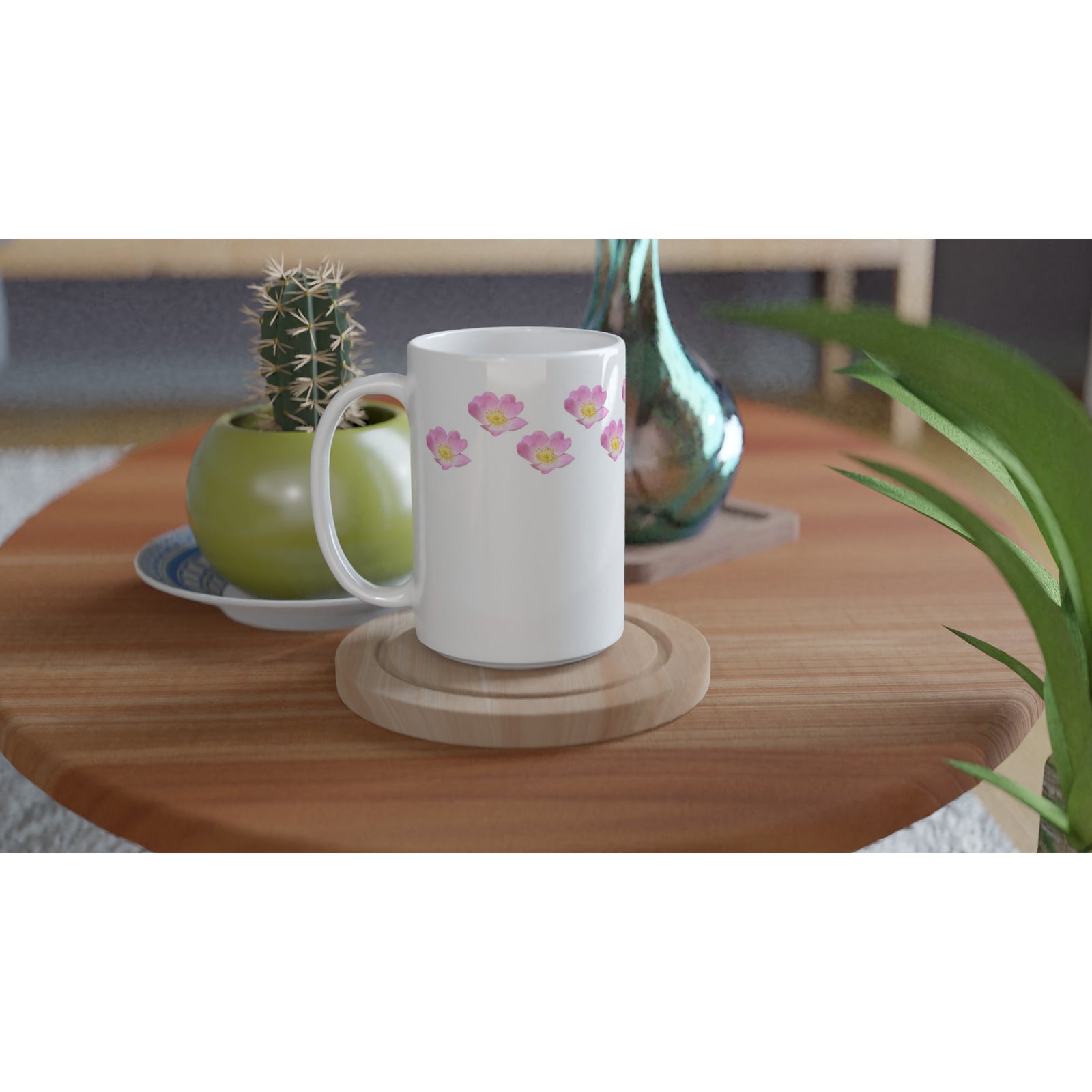 Ceramic mug 15oz pink wild rose floral pattern