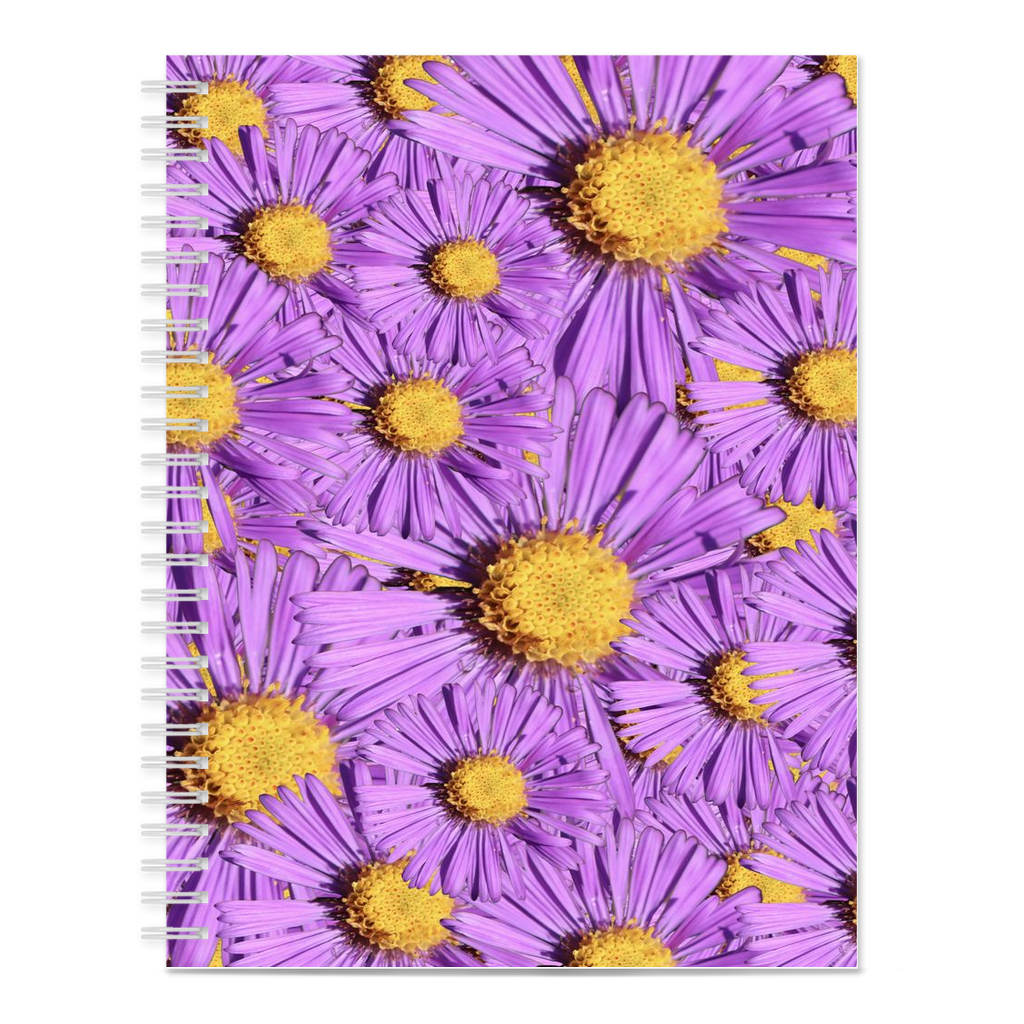 Spiral bound notebook, blank, purple aster pattern