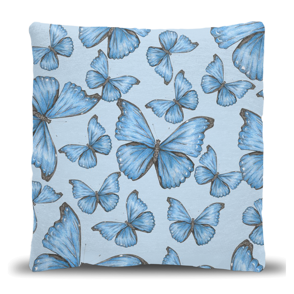 Cotton/poly blend woven pillow cramer’s blue morpho butterfly pattern