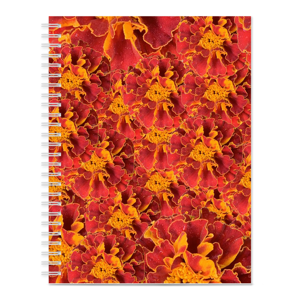 Blank spiral bound notebook  orange and red marigold pattern