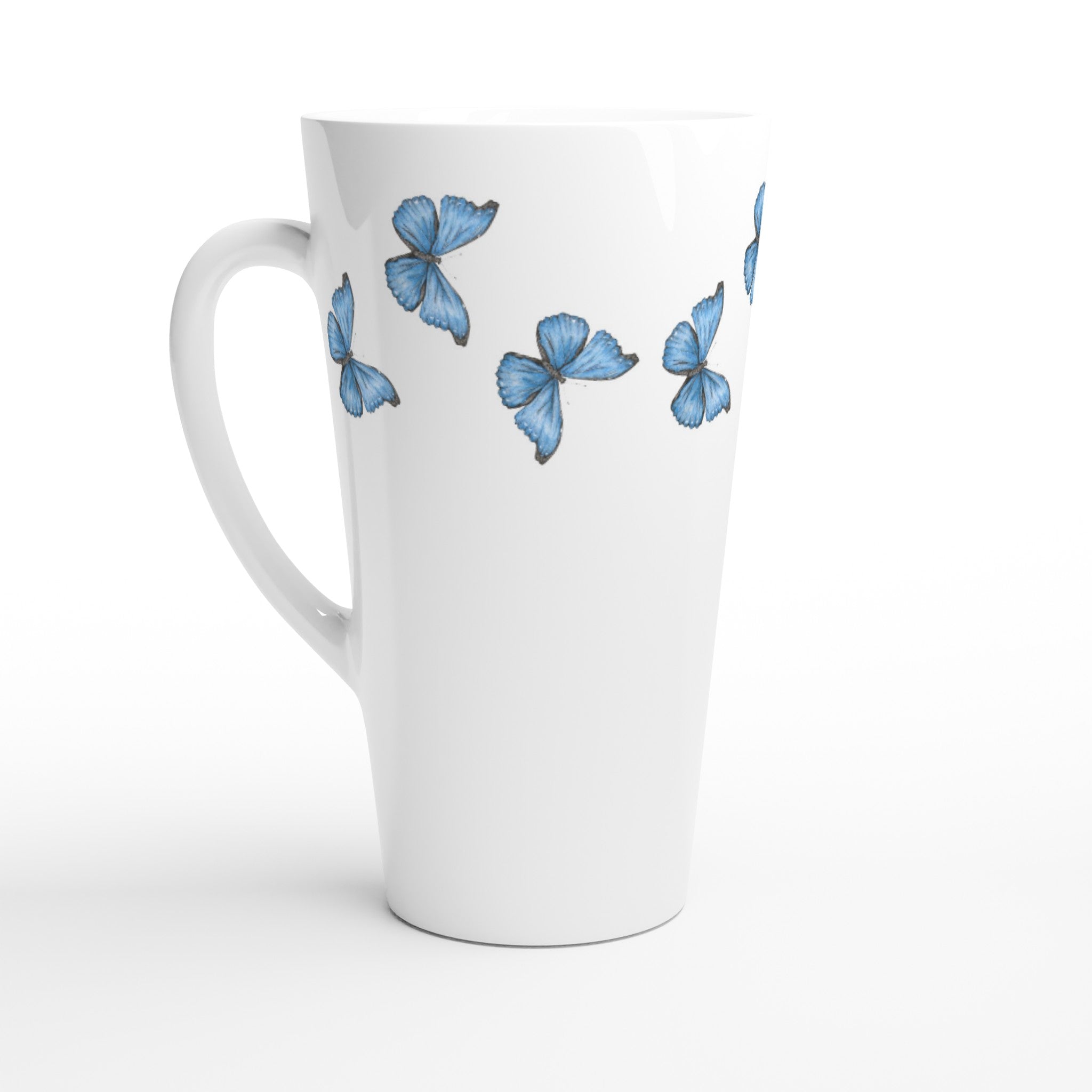 17oz ceramic latte mug Cramer’s blue Morpho  butterfly pattern 