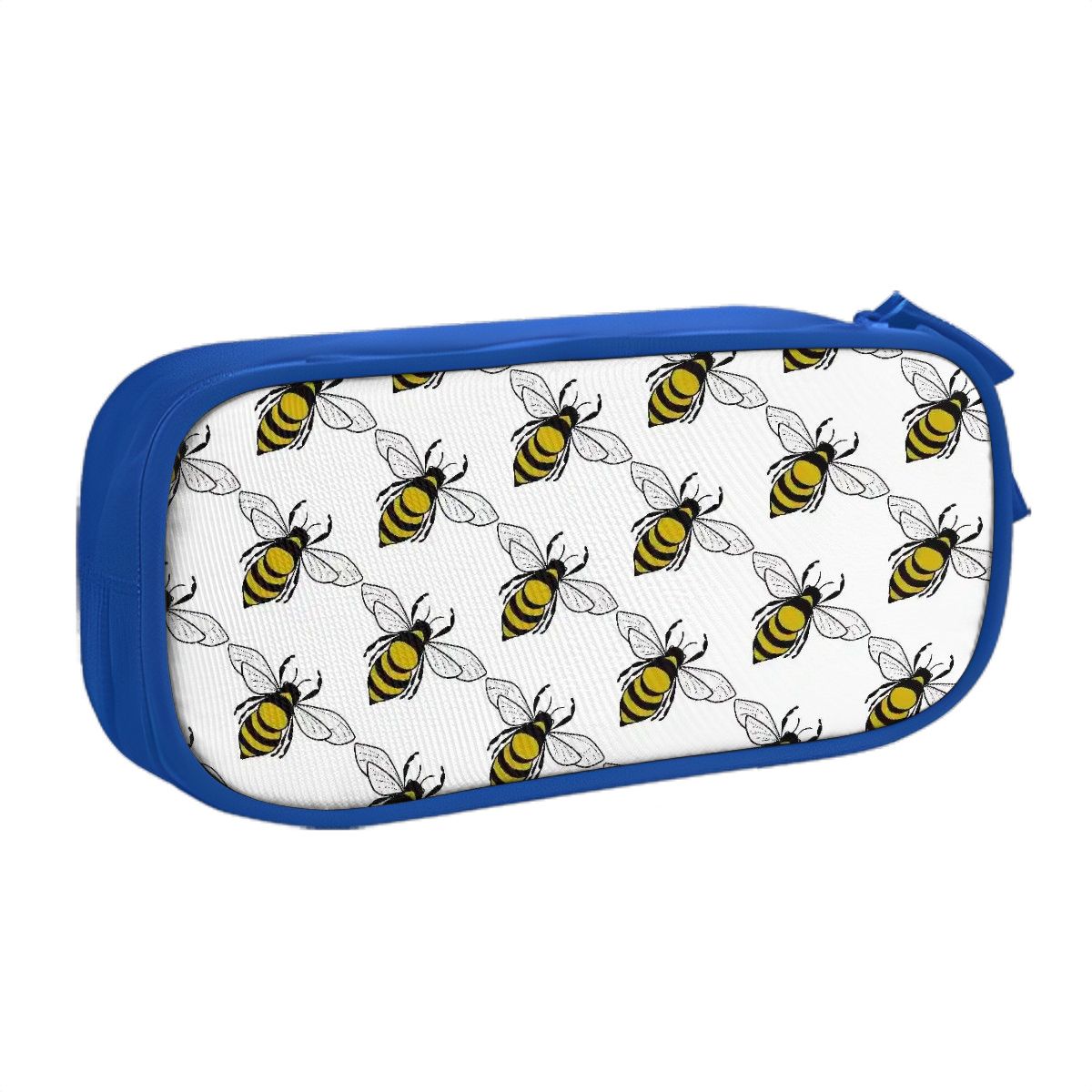 Zippered pencil pouch with multiple pockets and blue edge honeybee pattern