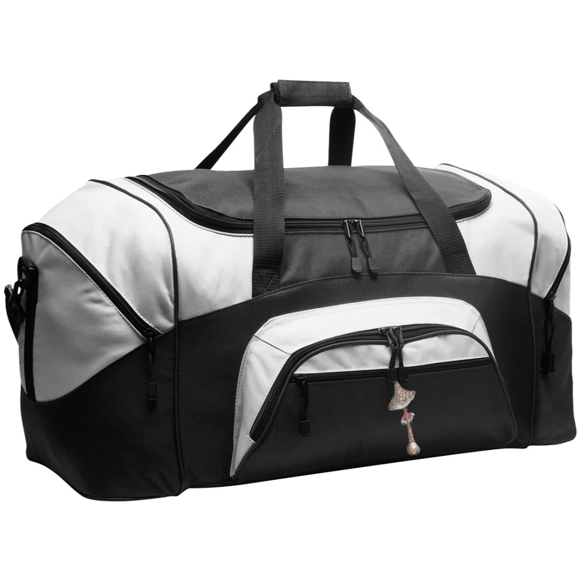 black and grey large duffle bag with pockets and parasol mushroom