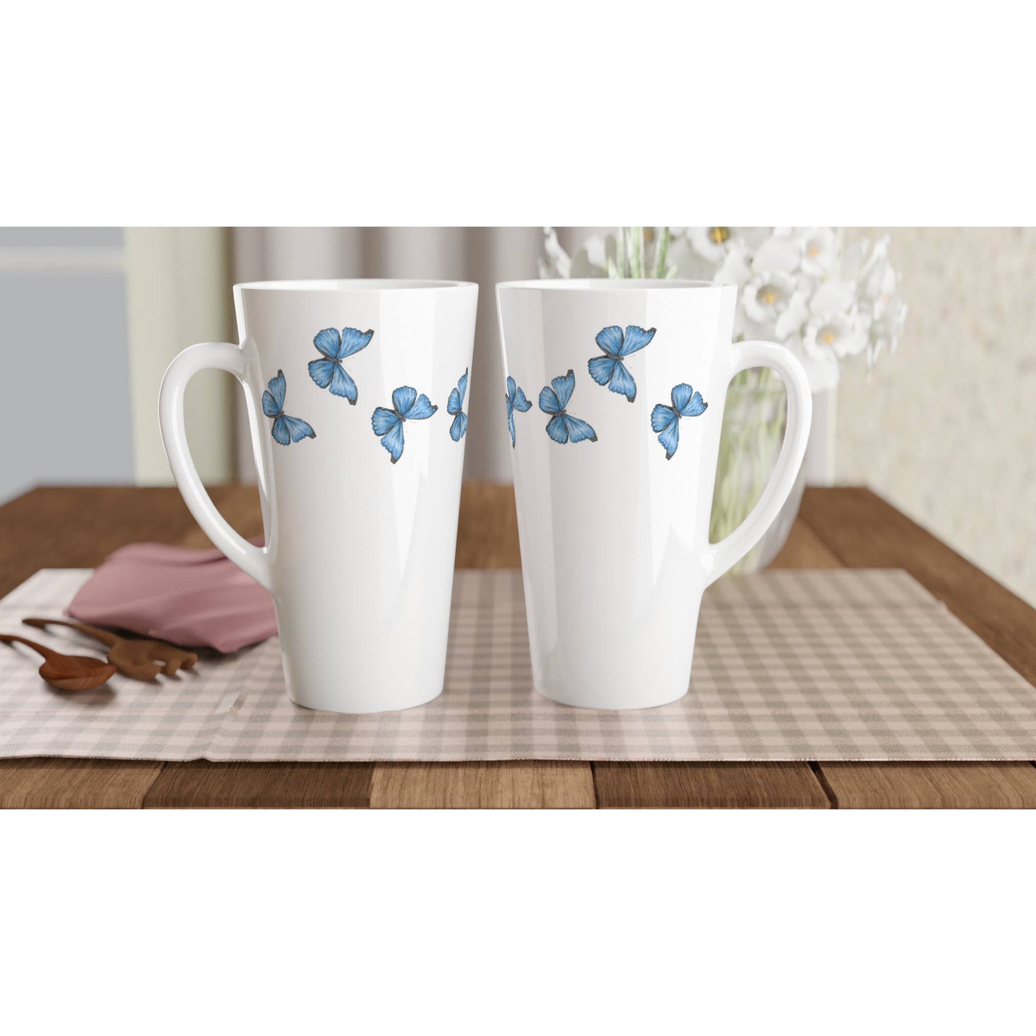 17oz ceramic latte mug Cramer’s blue Morpho  butterfly pattern 