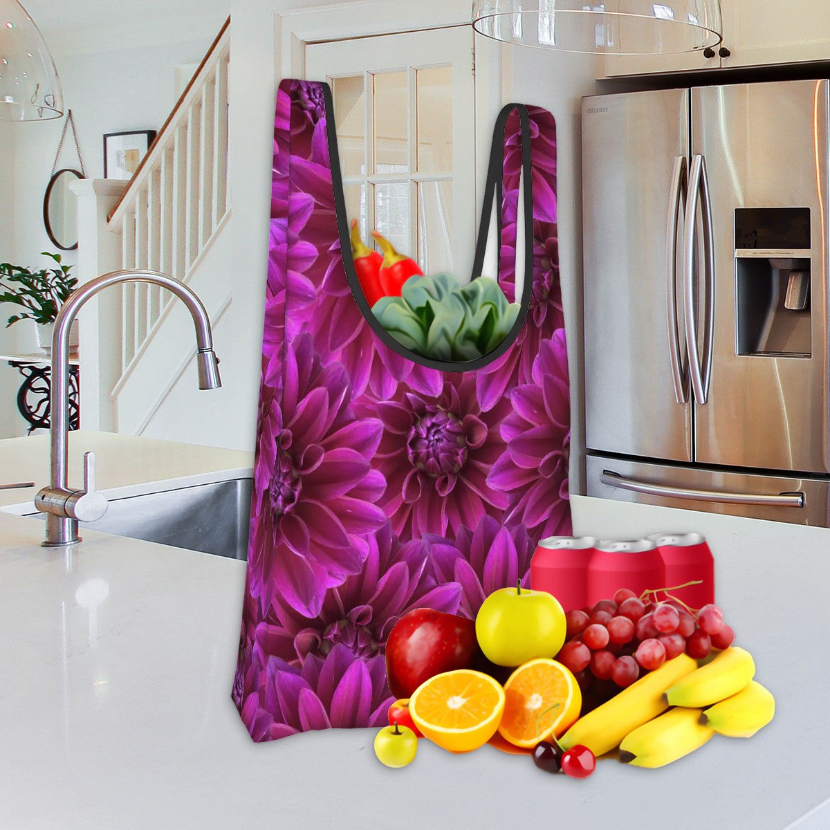 foldable shopping polyester bag with purple dahlia pattern