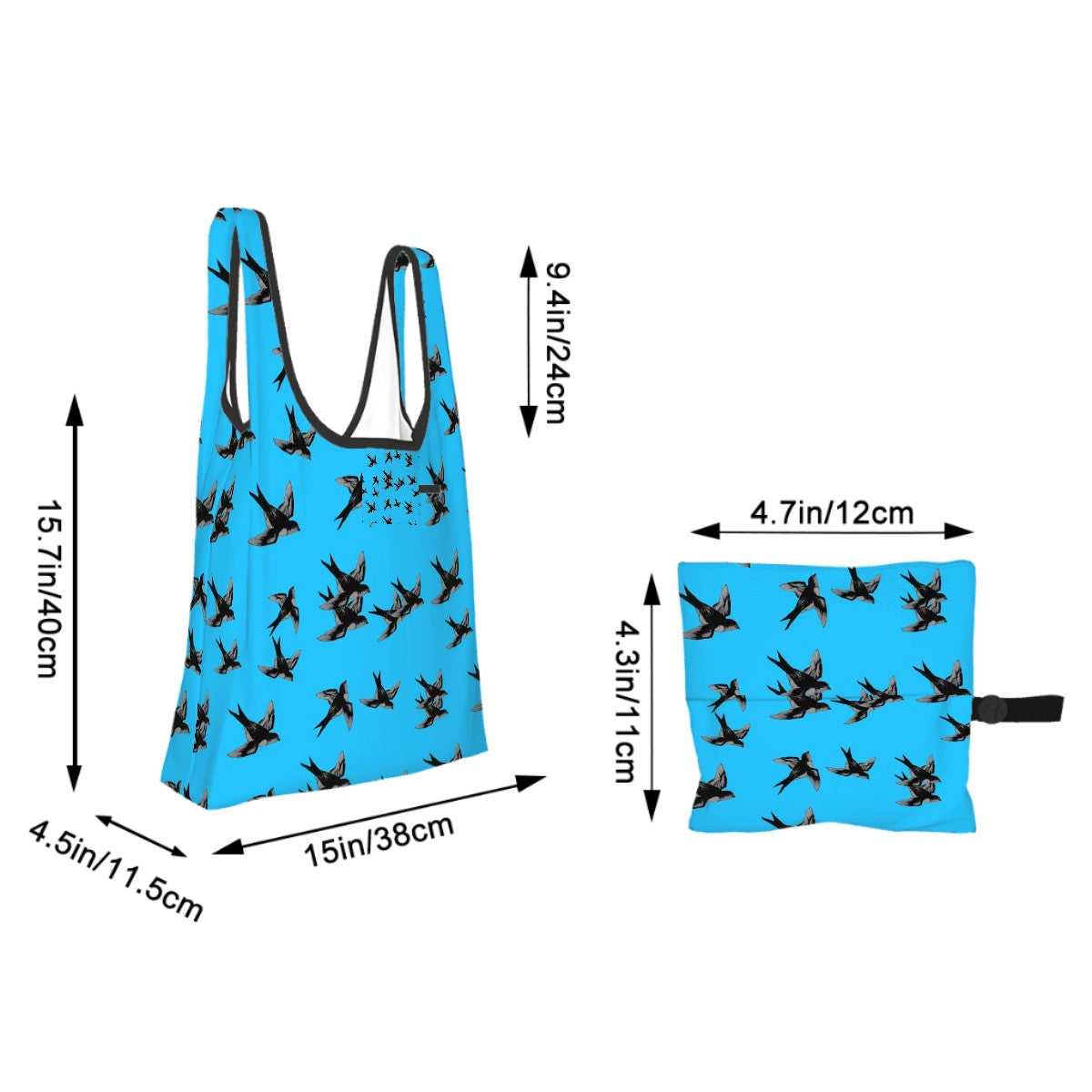 Folding shopping bag with barnswallows pattern, polyester with pouch