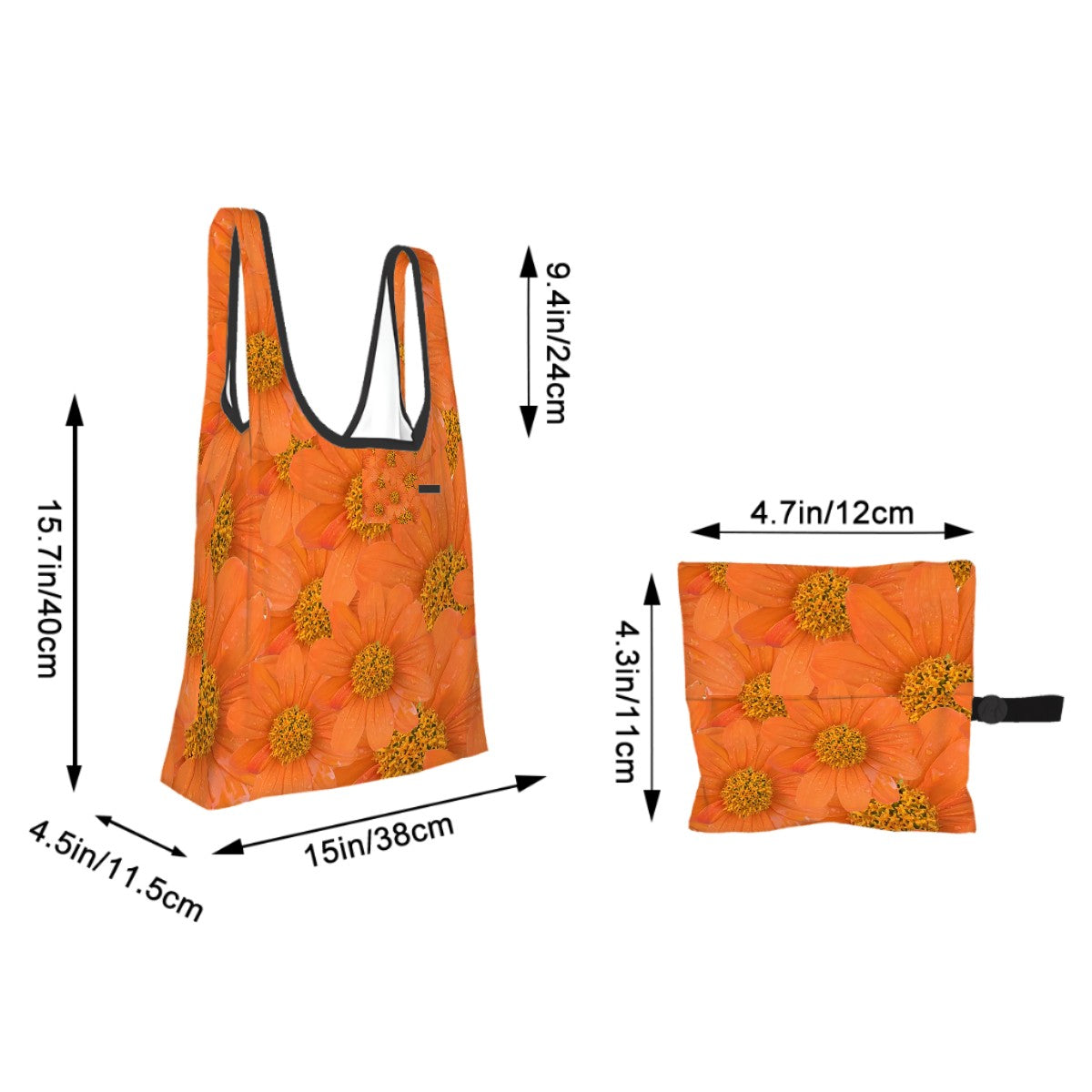 Orange polyester foldable shopping bag with storage pouch