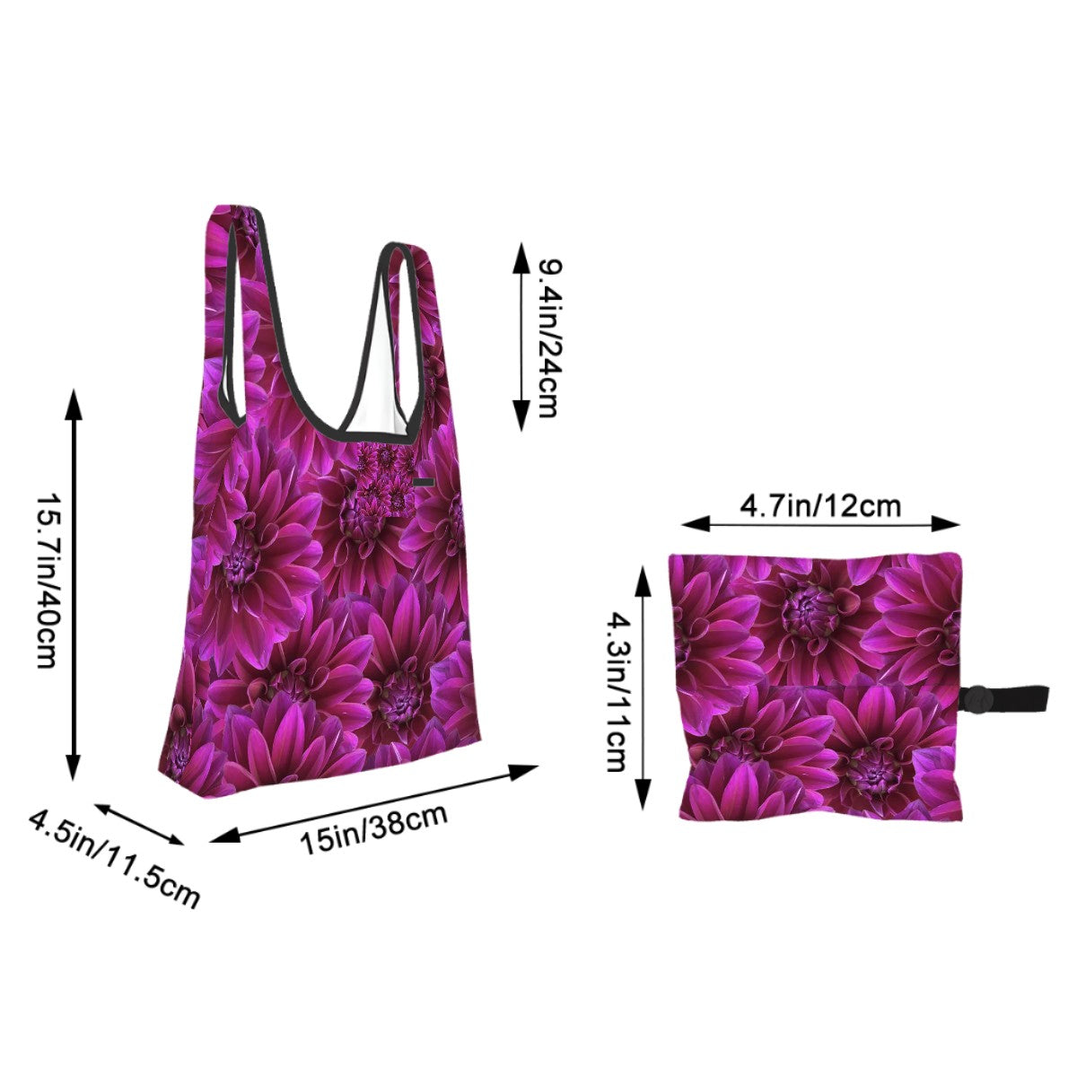 Foldable polyester shopping bag with purple dahlia pattern