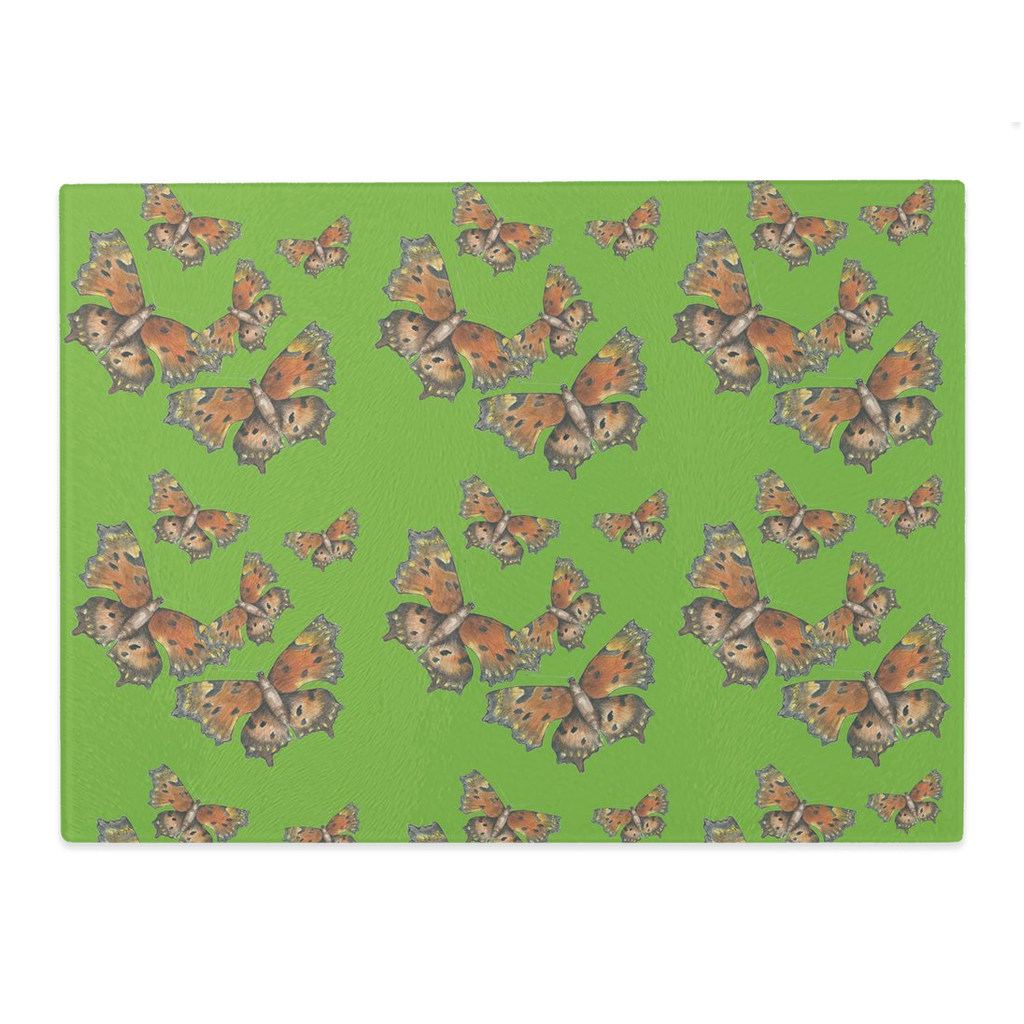 Glass Cutting Board (11x15) Green Comma Butterfly Pattern 1