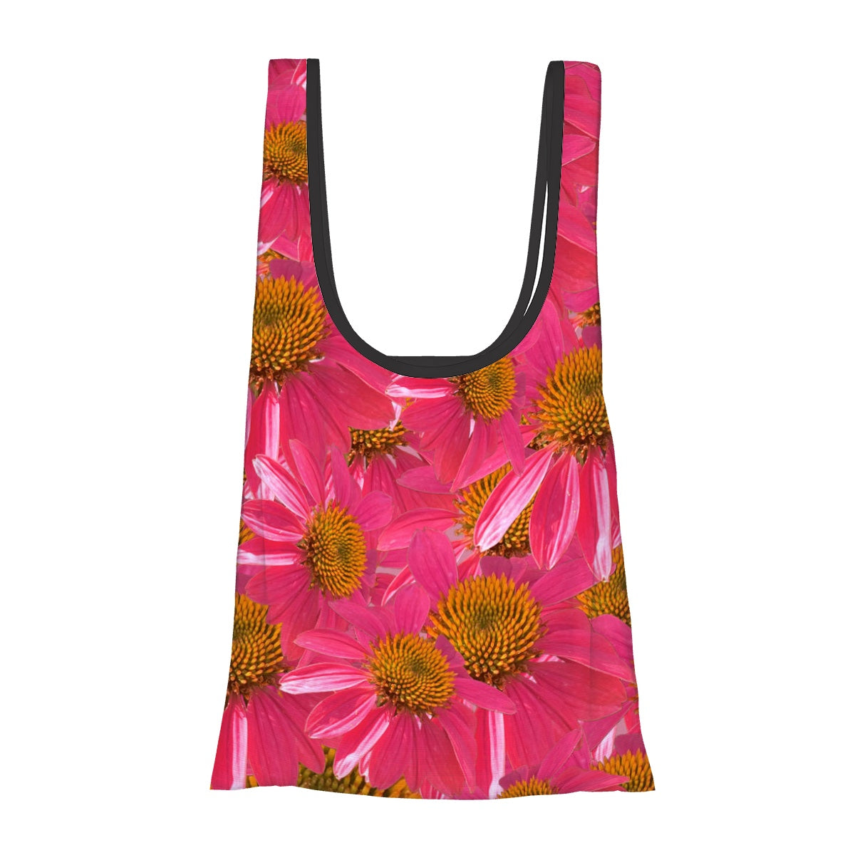 foldable shopping bag with pouch pink echinacea floral pattern