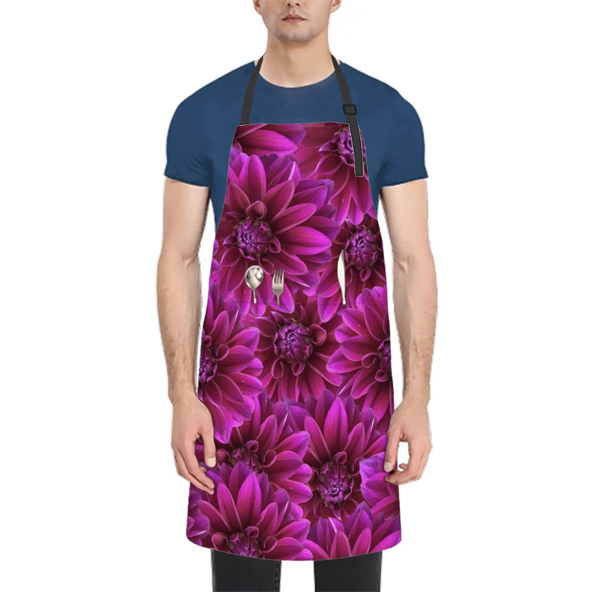 Apron with two pockets purple dahlia pattern