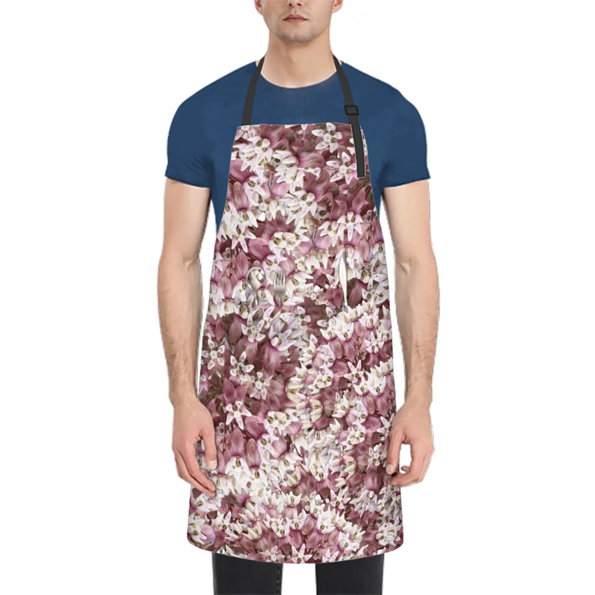 pink milkweed floral pattern apron with two pockets