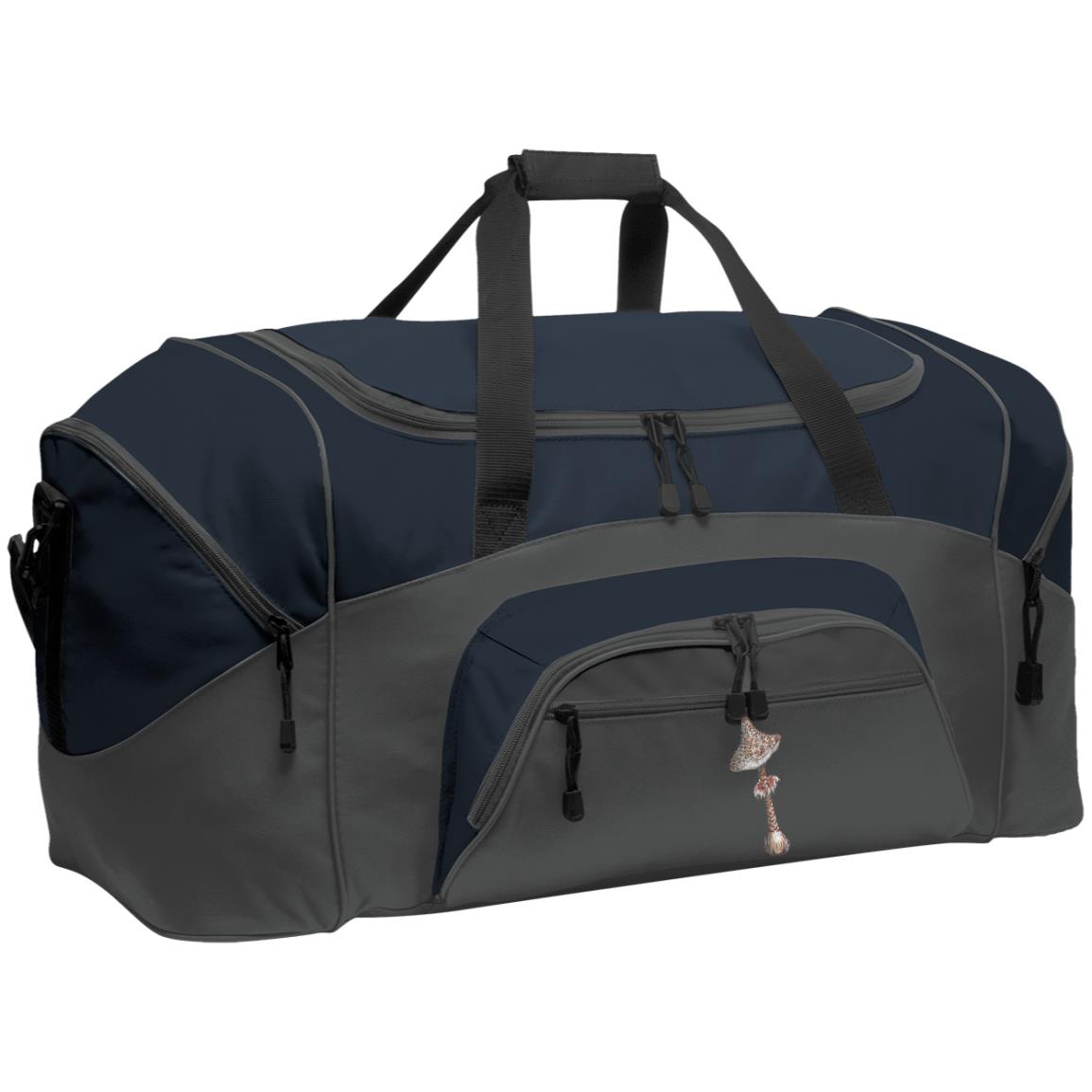 Navy and grey large duffle bag with pockets and parasol mushroom