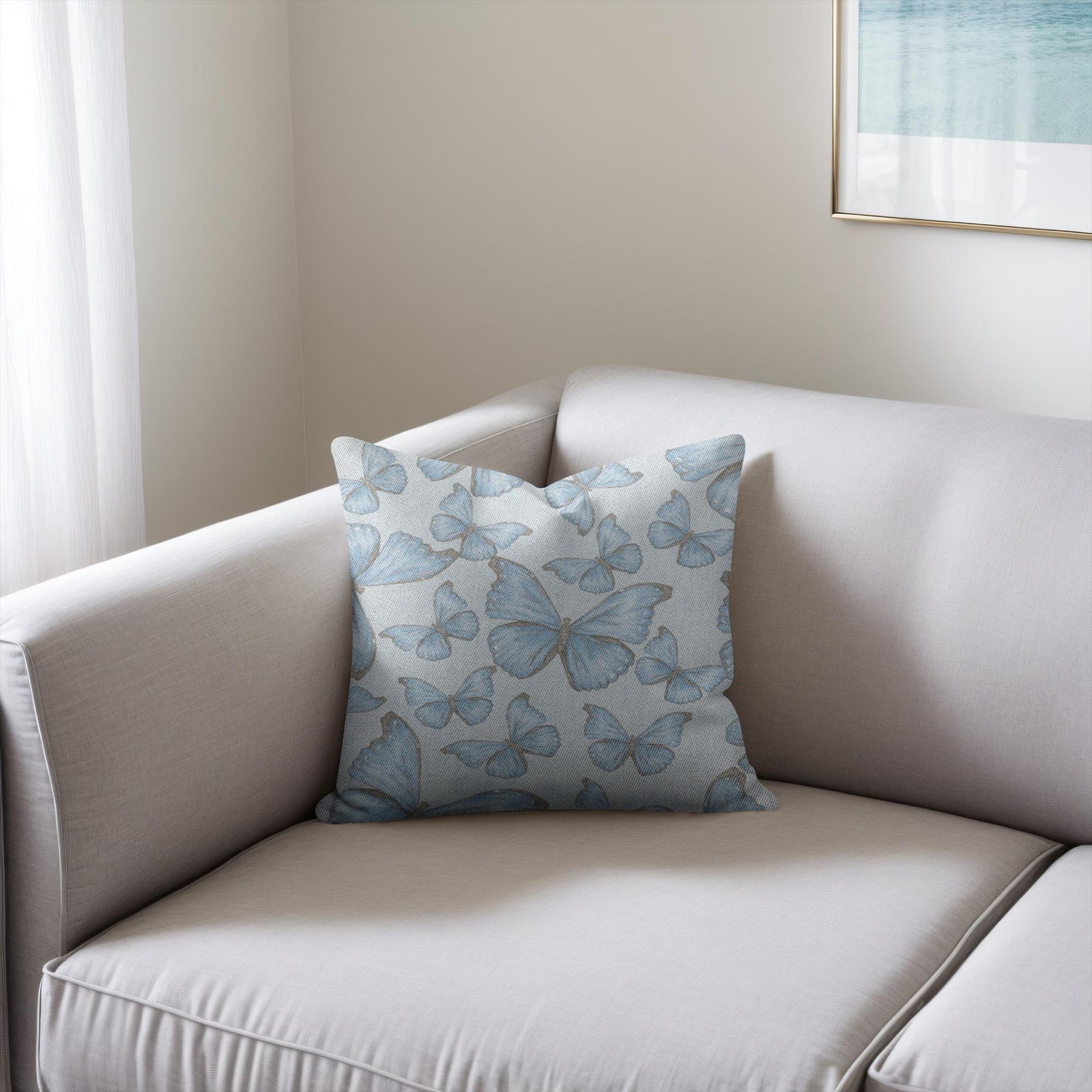 Cotton/poly blend woven pillow cramer’s blue morpho butterfly pattern