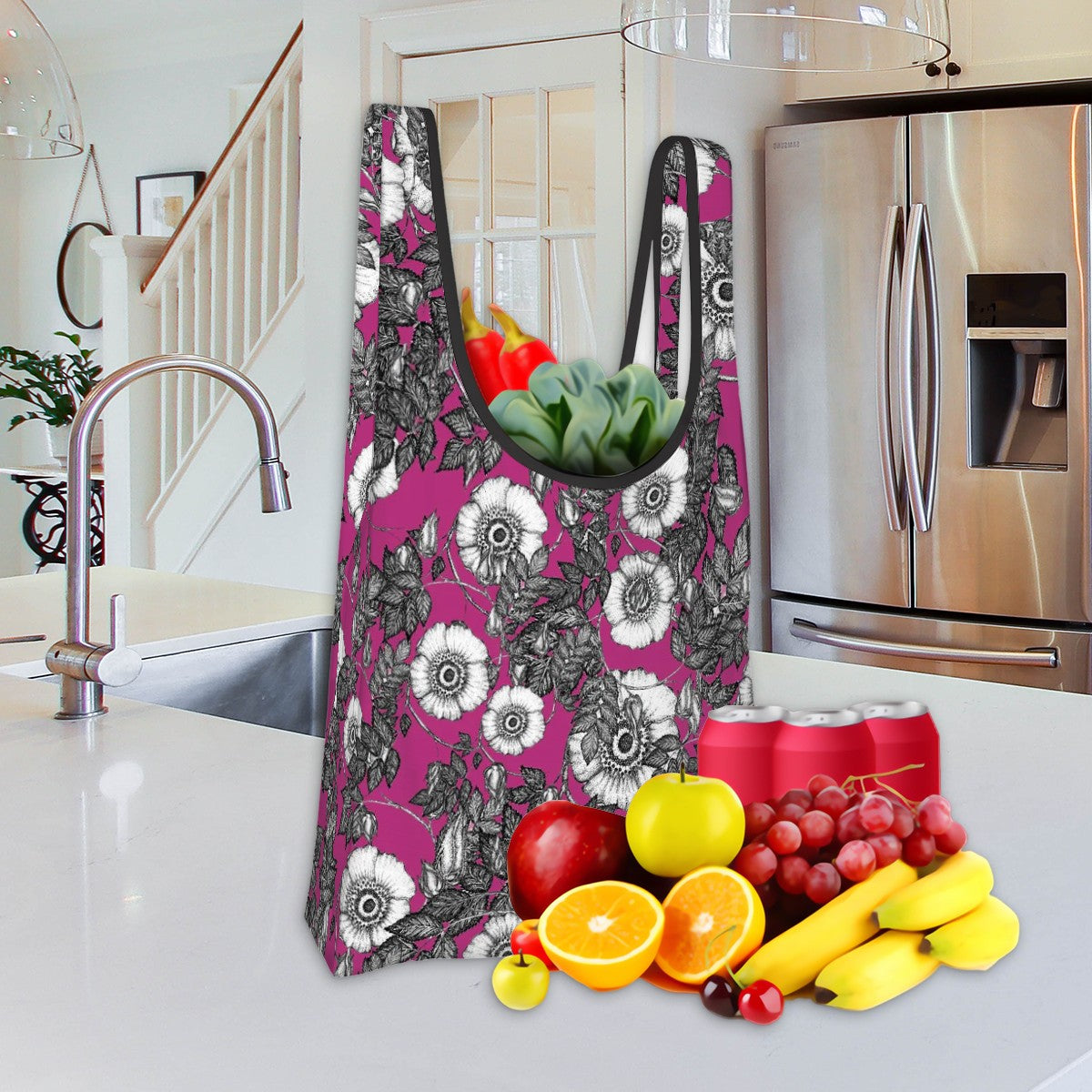 folding shopping bag polyester wild rose pattern