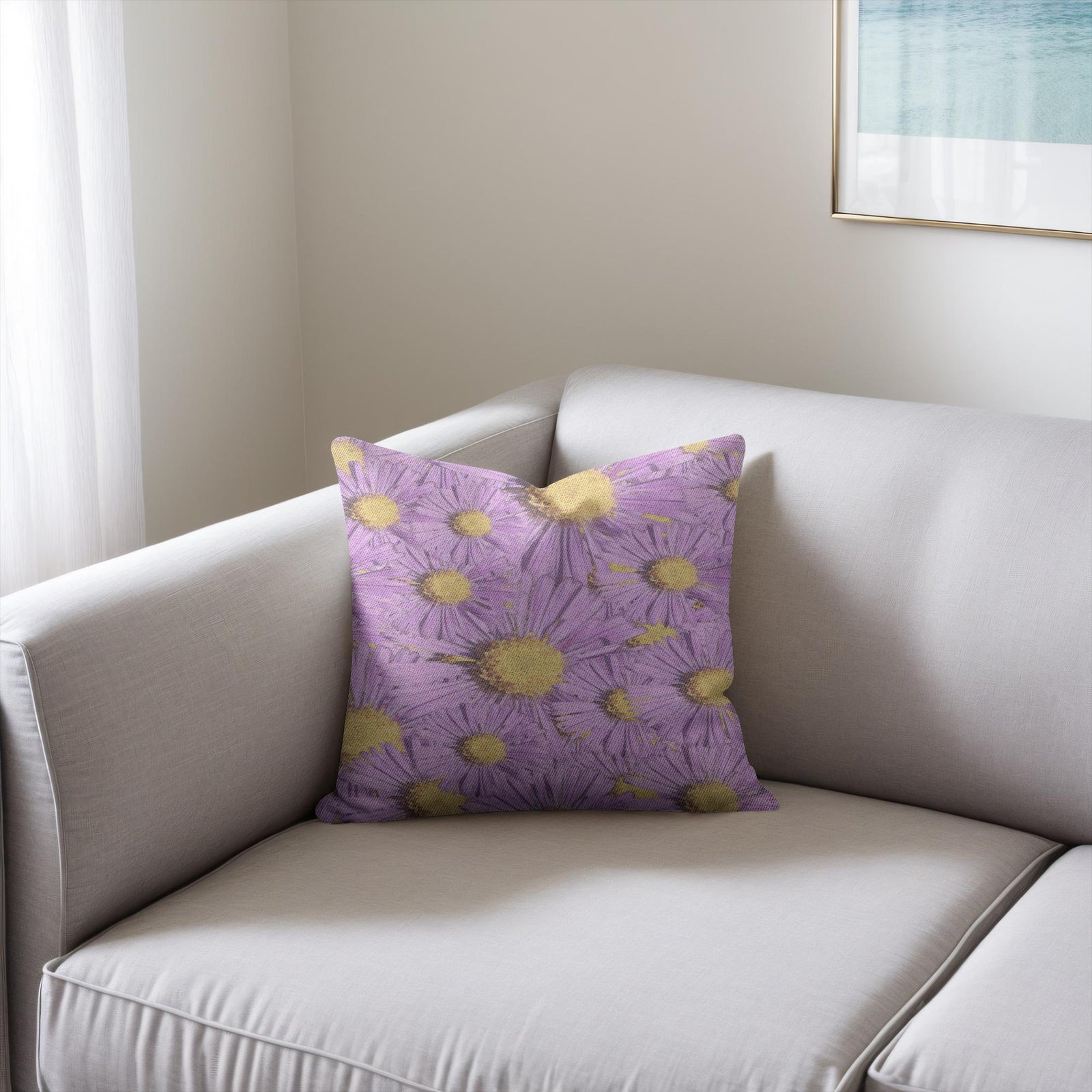 Cotton/poly blend woven pillow purple aster floral pattern