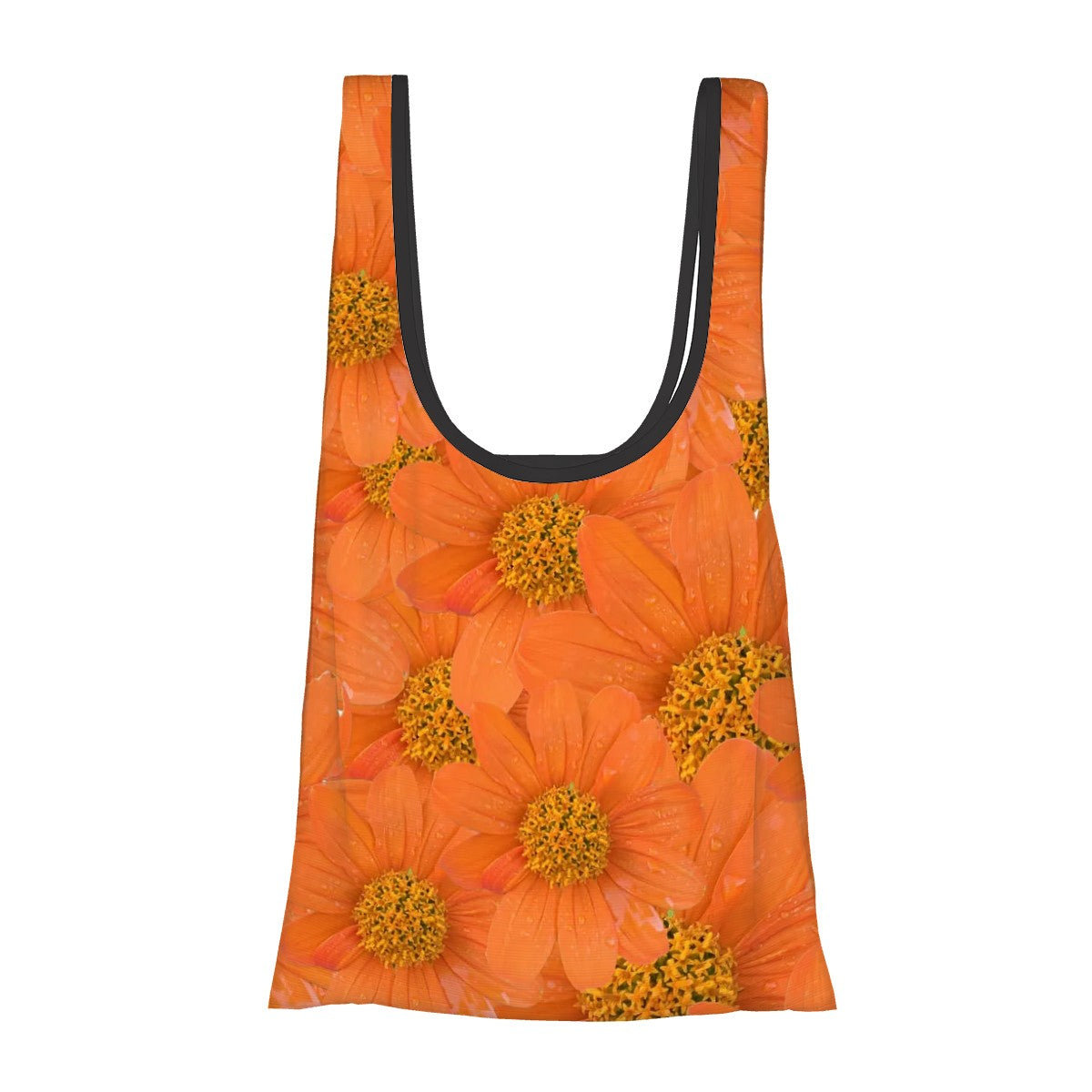 orange foldable shopping bag with pouch tithonia floral pattern