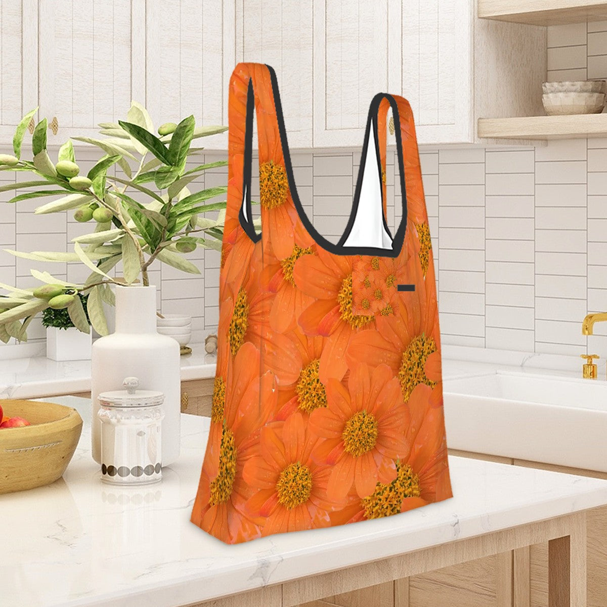 Orange polyester foldable shopping bag with pouch