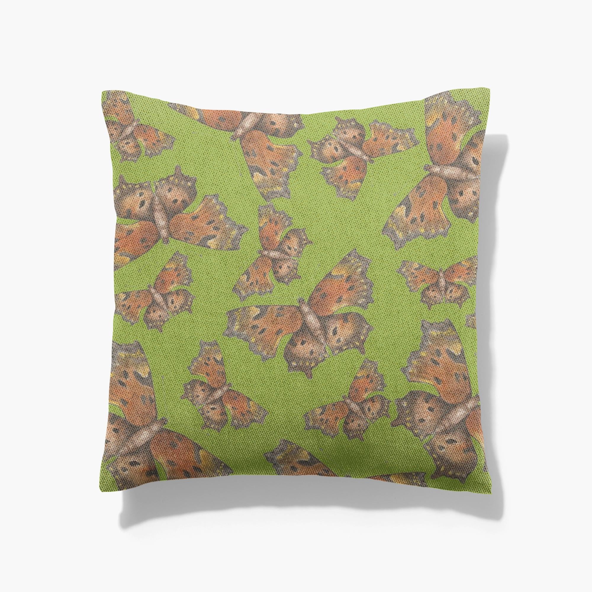 Cotton/poly blend woven pillow green coma butterfly pattern