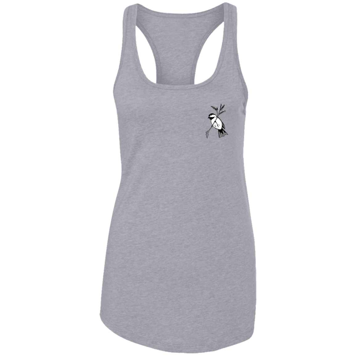 Ash ladies racerback tee multiple sizes with black capped chickadee