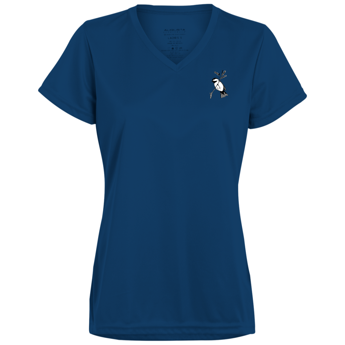 Blue ladies v neck tee multiple sizes with black capped chickadee