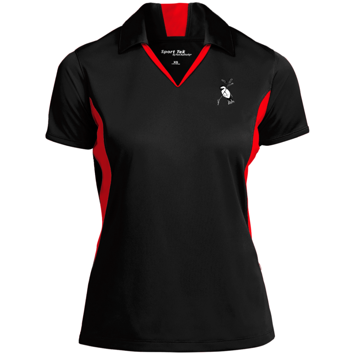 ladies poly polo tee with a black capped chickadee