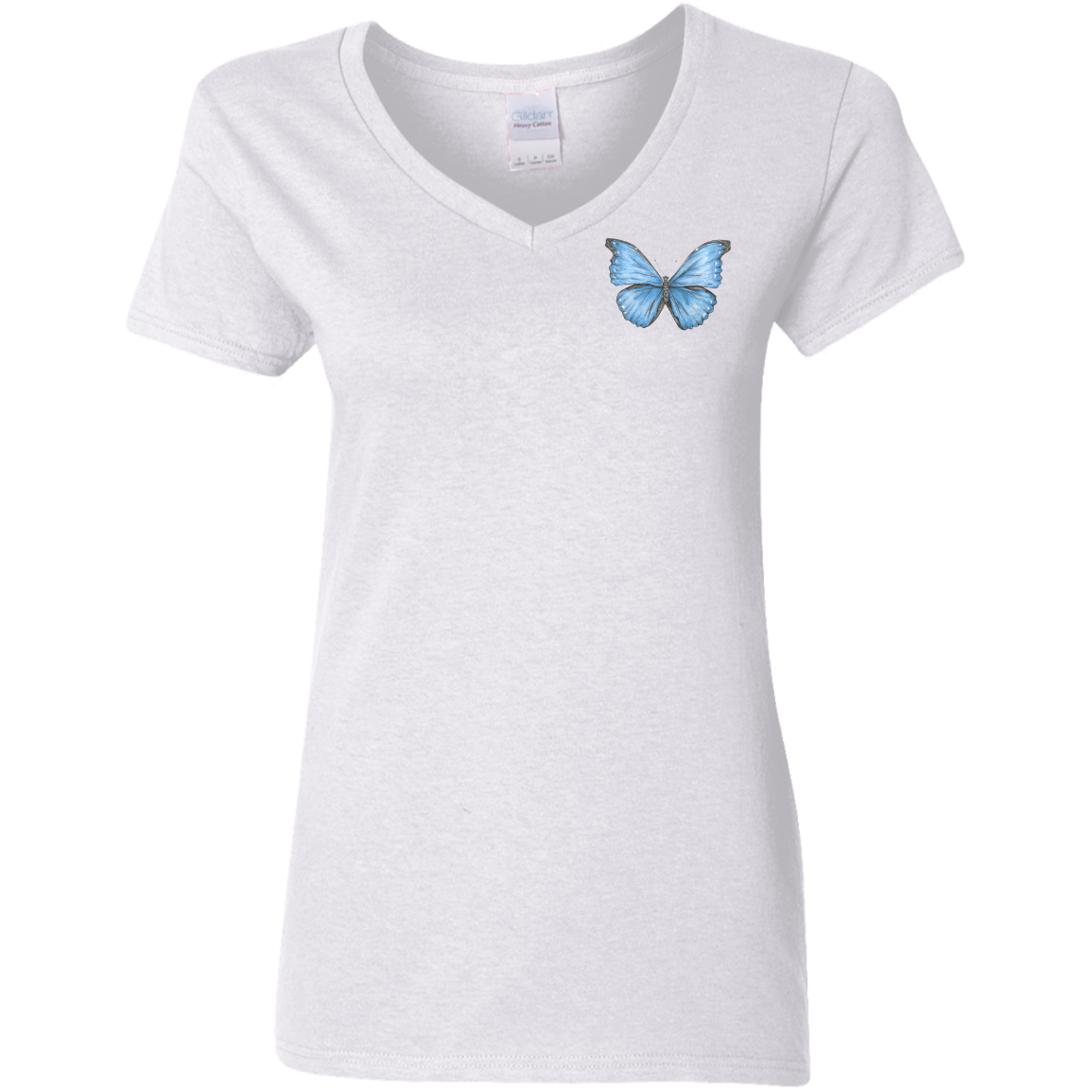 ladies cotton v-neck tee cramer's blue morpho butterfly