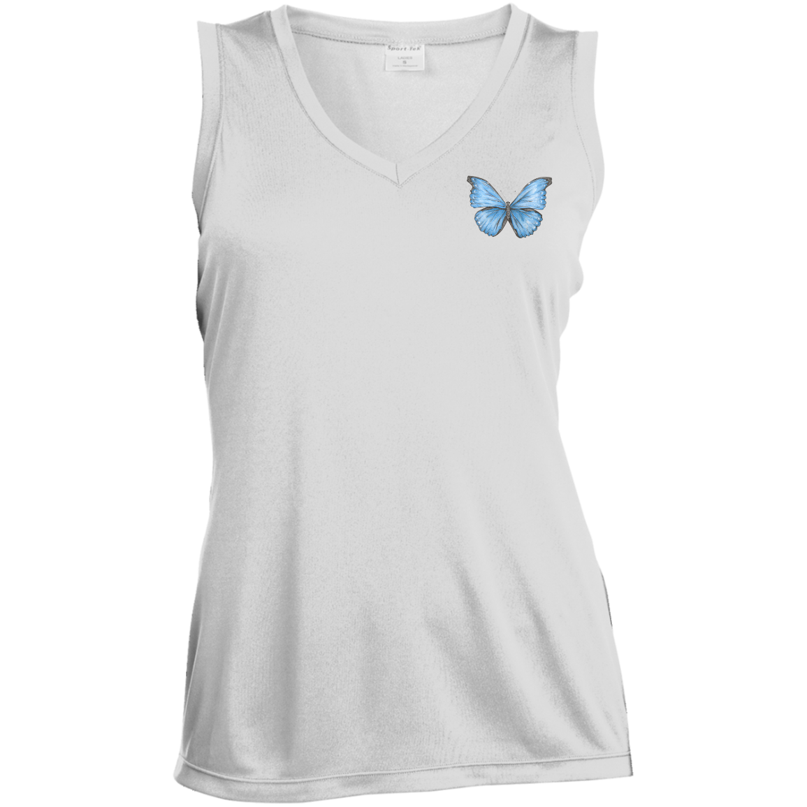 Ladies Sleevless  V-Neck Tee (Multiple Sizes/Colours) Cramer's Blue Morpho Butterfly 1