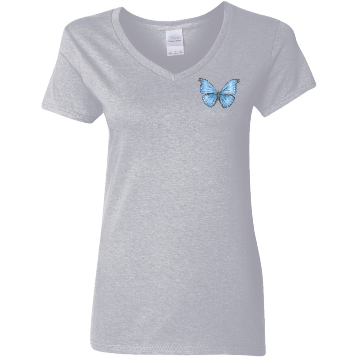 Ladies 5.3 oz. V-Neck Tee (Multiple sizes/colours) Cramer's Blue Morpho Butterfly 1