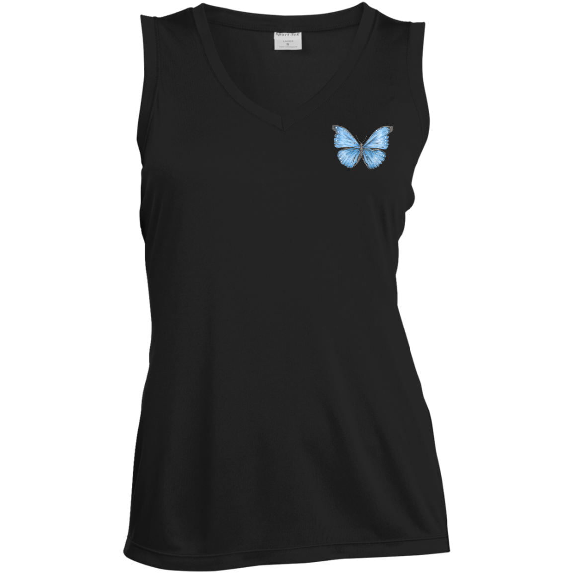 Ladies Sleevless  V-Neck Tee (Multiple Sizes/Colours) Cramer's Blue Morpho Butterfly 1