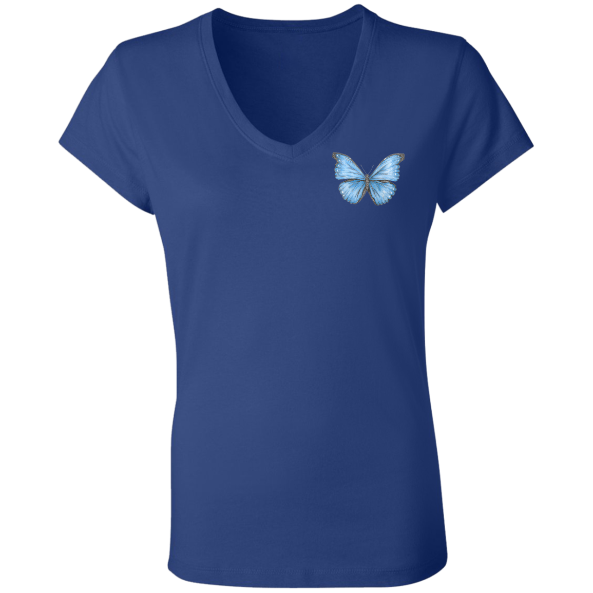 Ladies'  V-Neck Tee (Multiple Colours/Sizes) Cramer’s Blue Morpho Butterfly 1