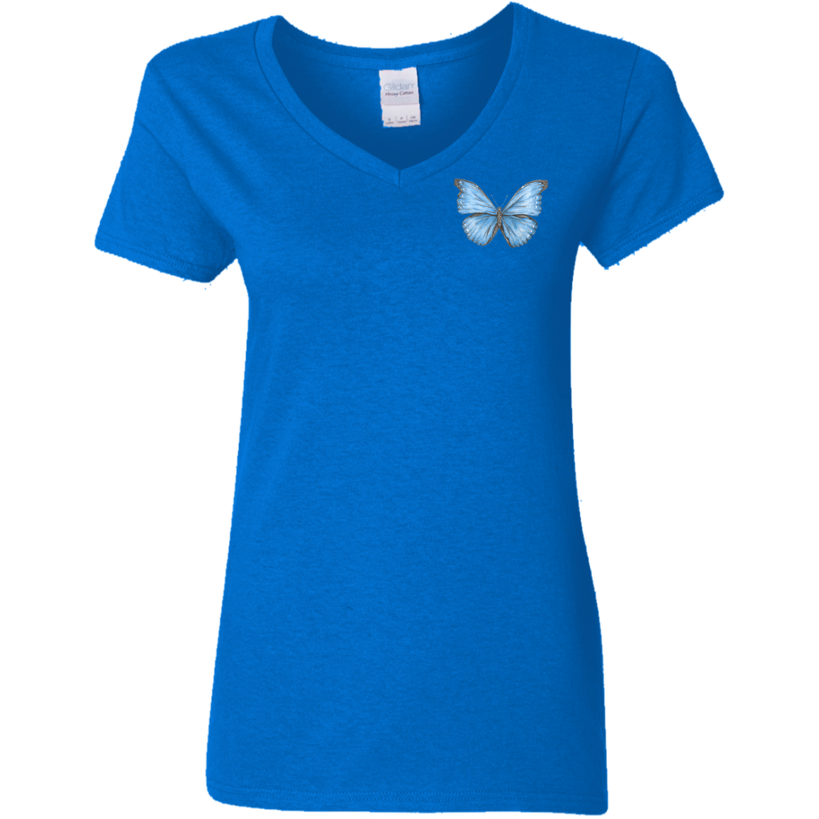 Ladies 5.3 oz. V-Neck Tee (Multiple sizes/colours) Cramer's Blue Morpho Butterfly 1