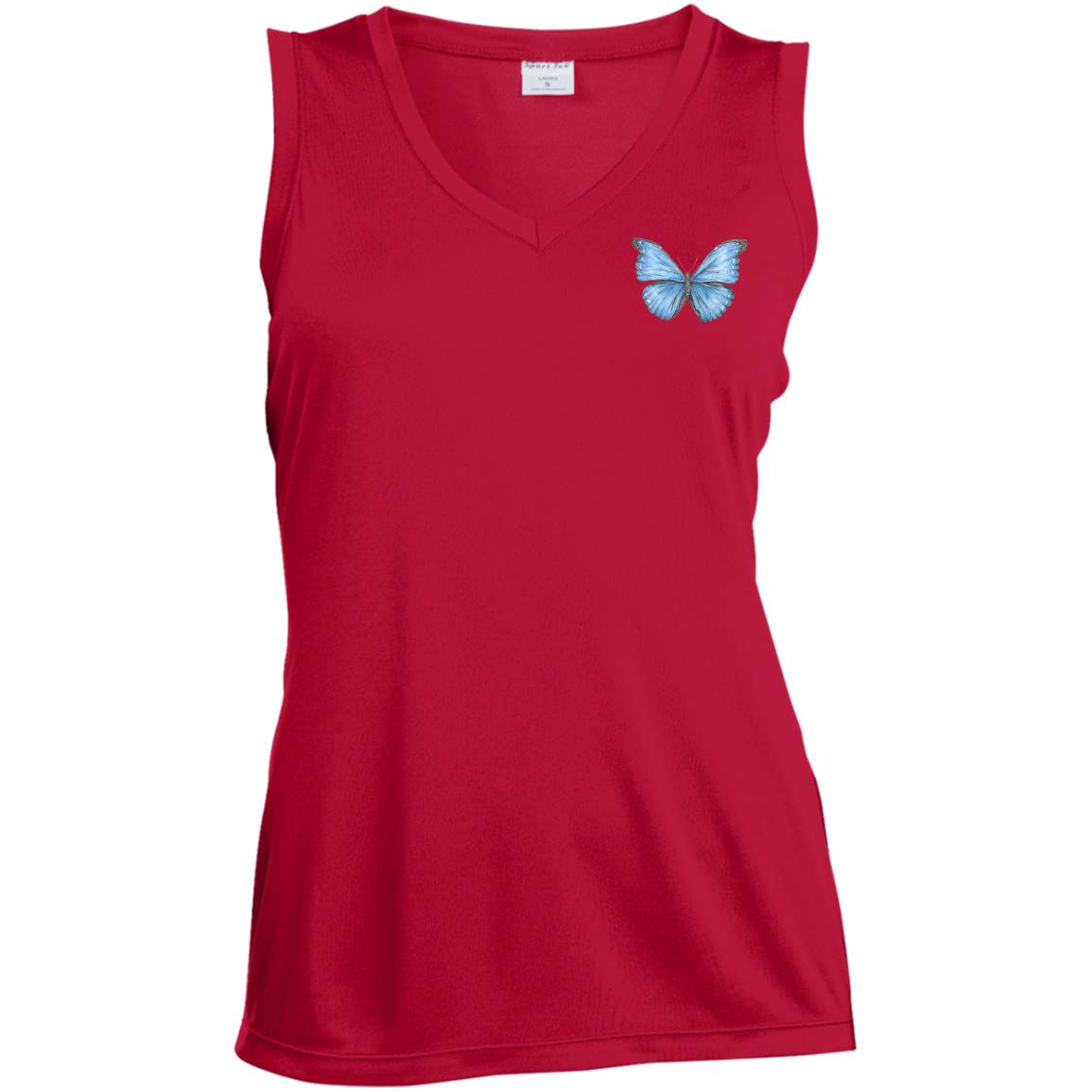 Ladies Sleevless  V-Neck Tee (Multiple Sizes/Colours) Cramer's Blue Morpho Butterfly 1