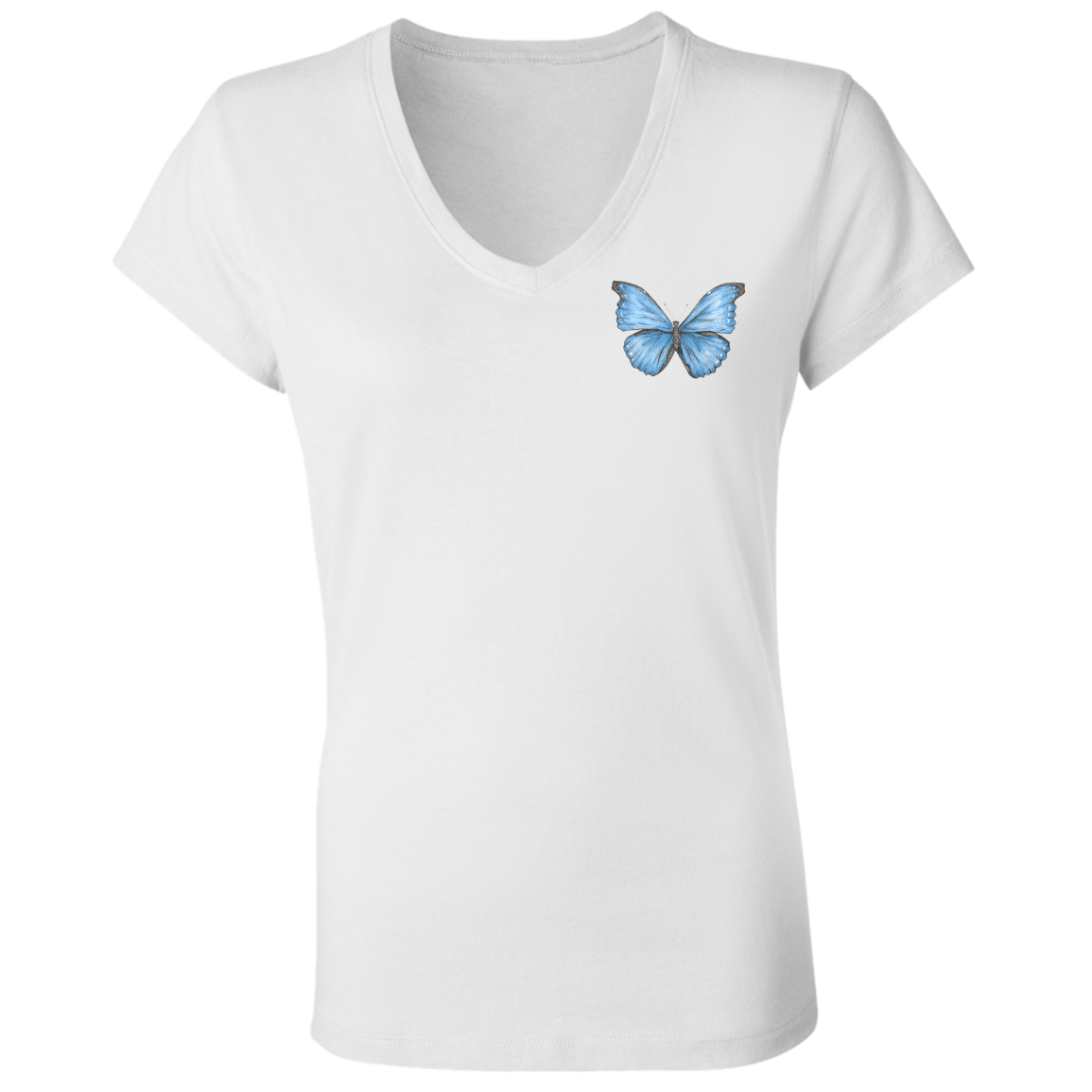 Ladies'  V-Neck Tee (Multiple Colours/Sizes) Cramer’s Blue Morpho Butterfly 1