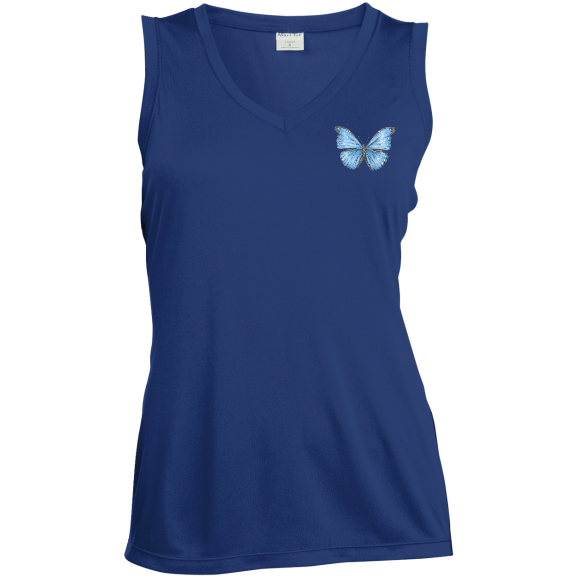 Ladies Sleevless  V-Neck Tee (Multiple Sizes/Colours) Cramer's Blue Morpho Butterfly 1