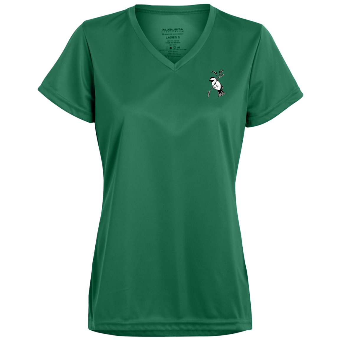 Emerald green ladies v neck tee multiple sizes with black capped chickadee