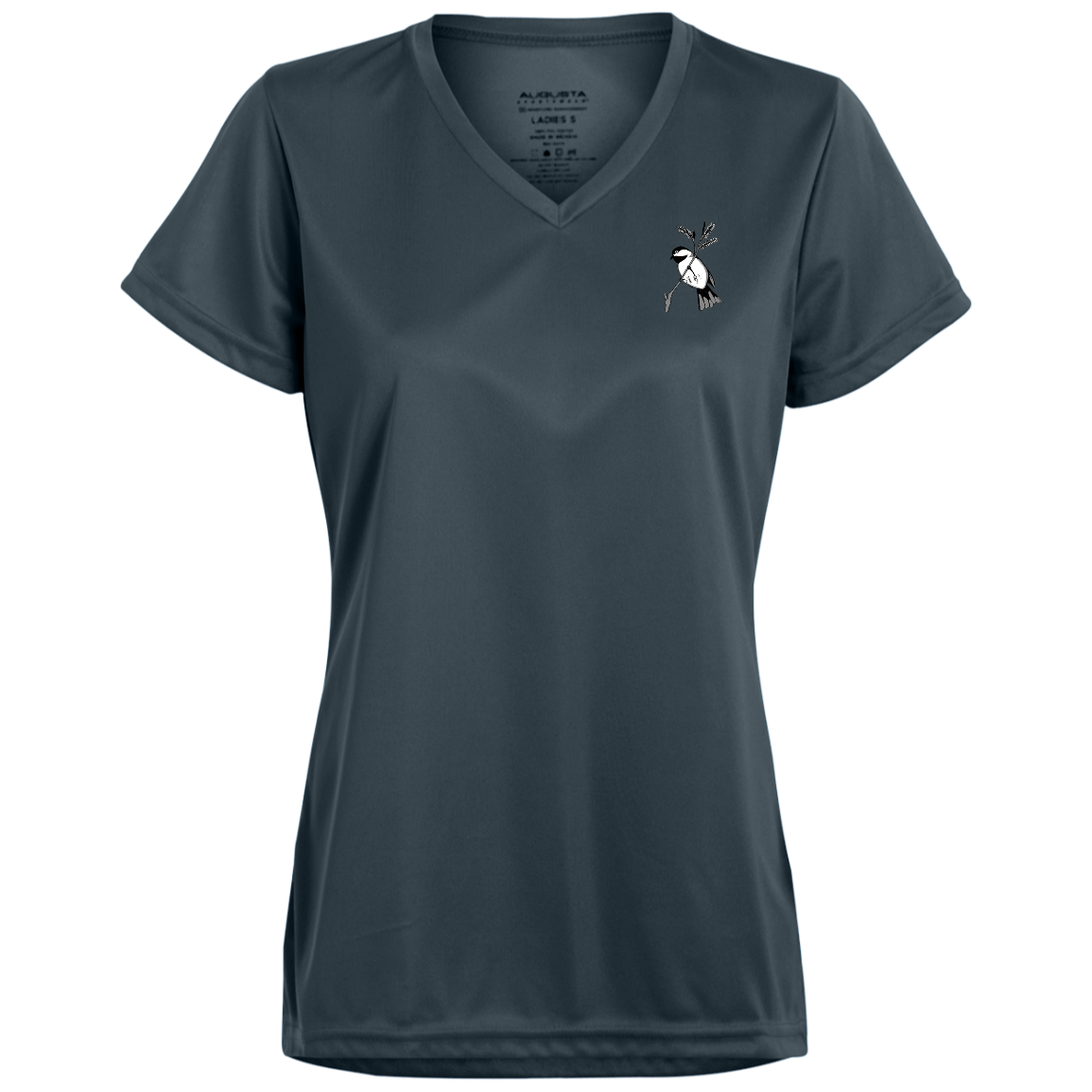 Grey ladies v neck tee multiple sizes with black capped chickadee