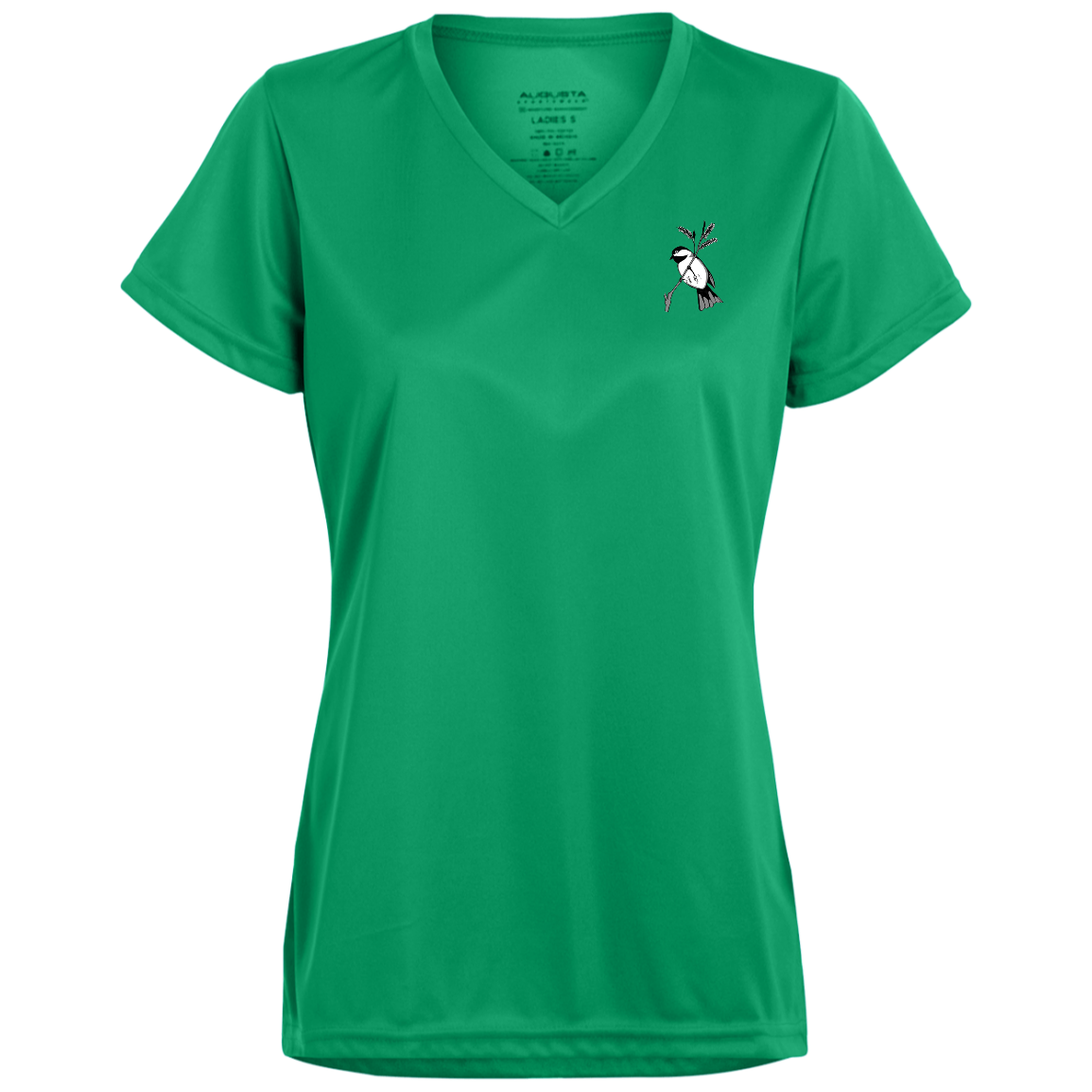 Kelly green ladies v neck tee multiple sizes with black capped chickadee