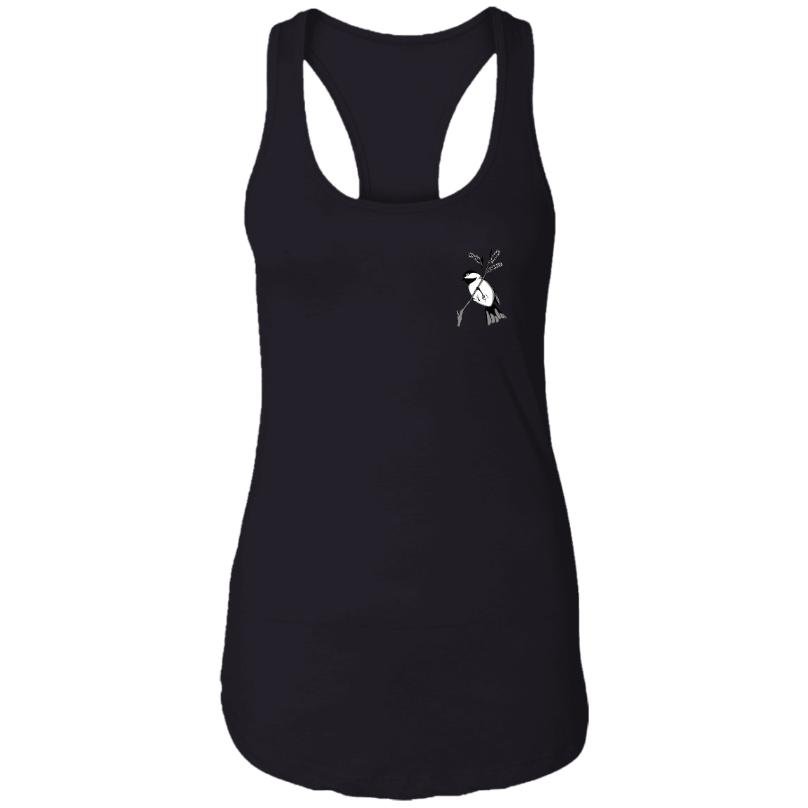 Ladies racerback tee dark grey multiple sizes with black capped chickadee