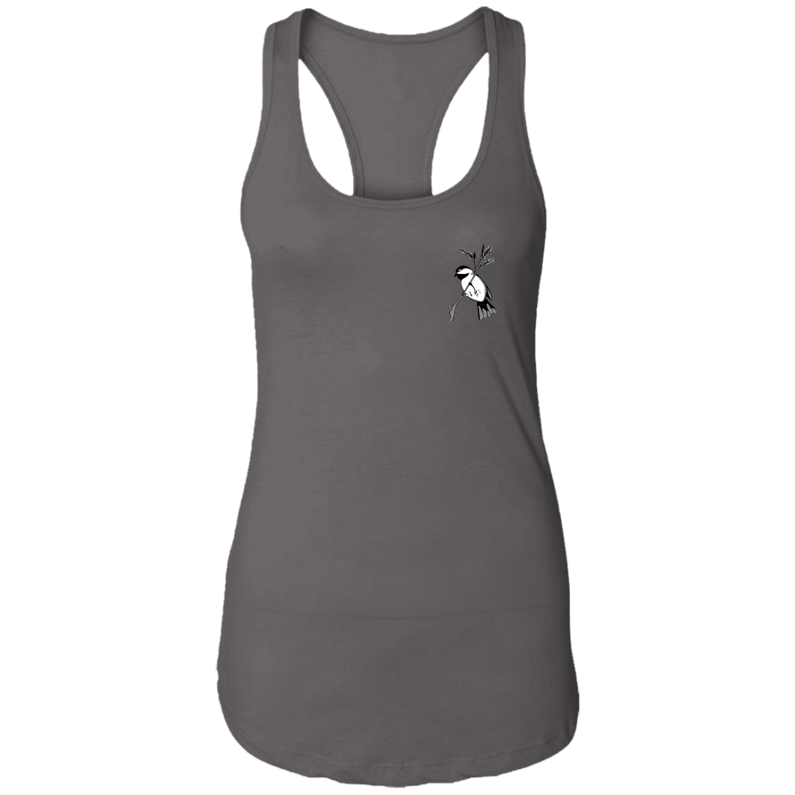 Ladies racerback tee grey multiple sizes with black capped chickadee