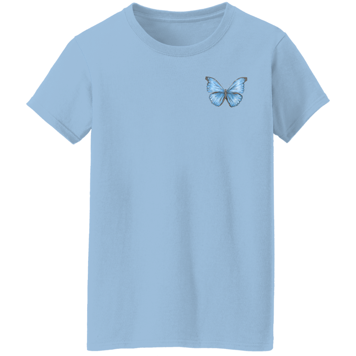 Light blue ladies cotton tee multiple sizes with Cramer's blue morpho butterfly 