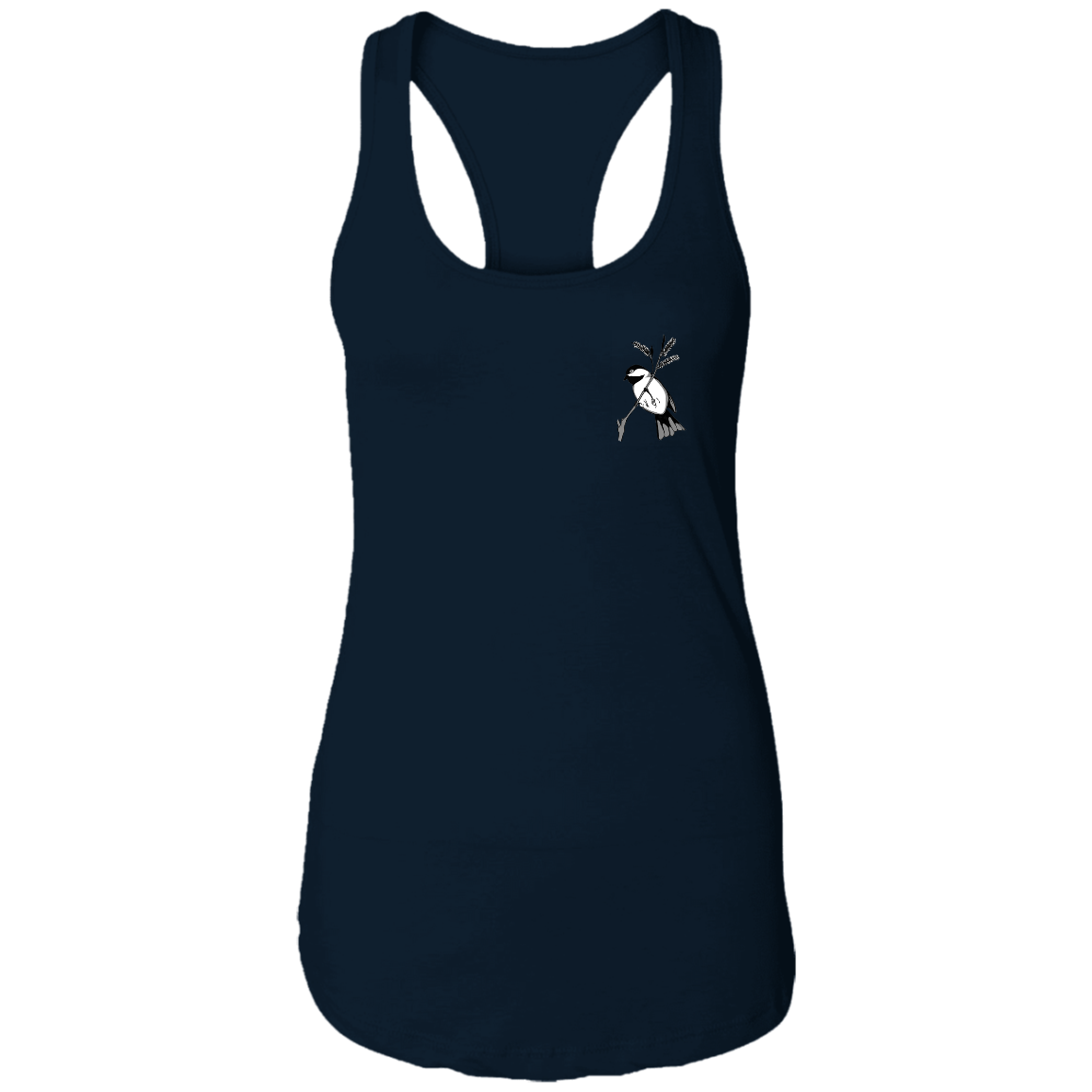 Navy ladies racerback tee multiple sizes with black capped chickadee