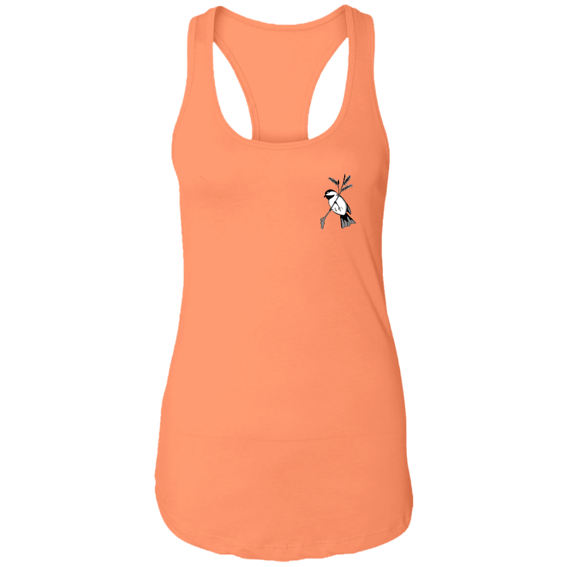 Orange racerback tee with black capped chickadee