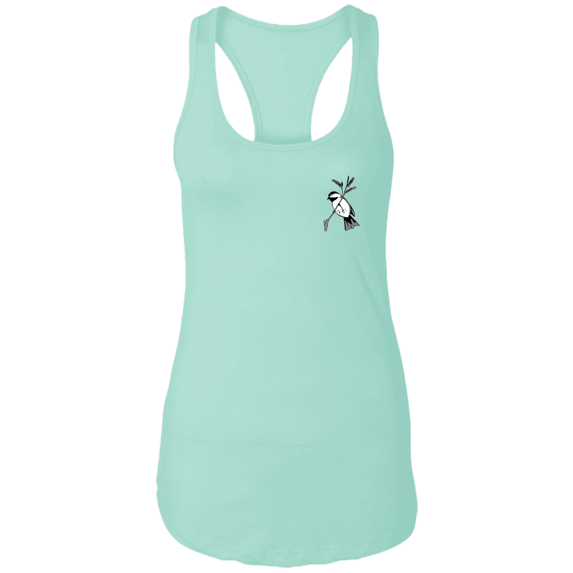 Pale aqua ladies racerback tee multiple sizes with black capped chickadee