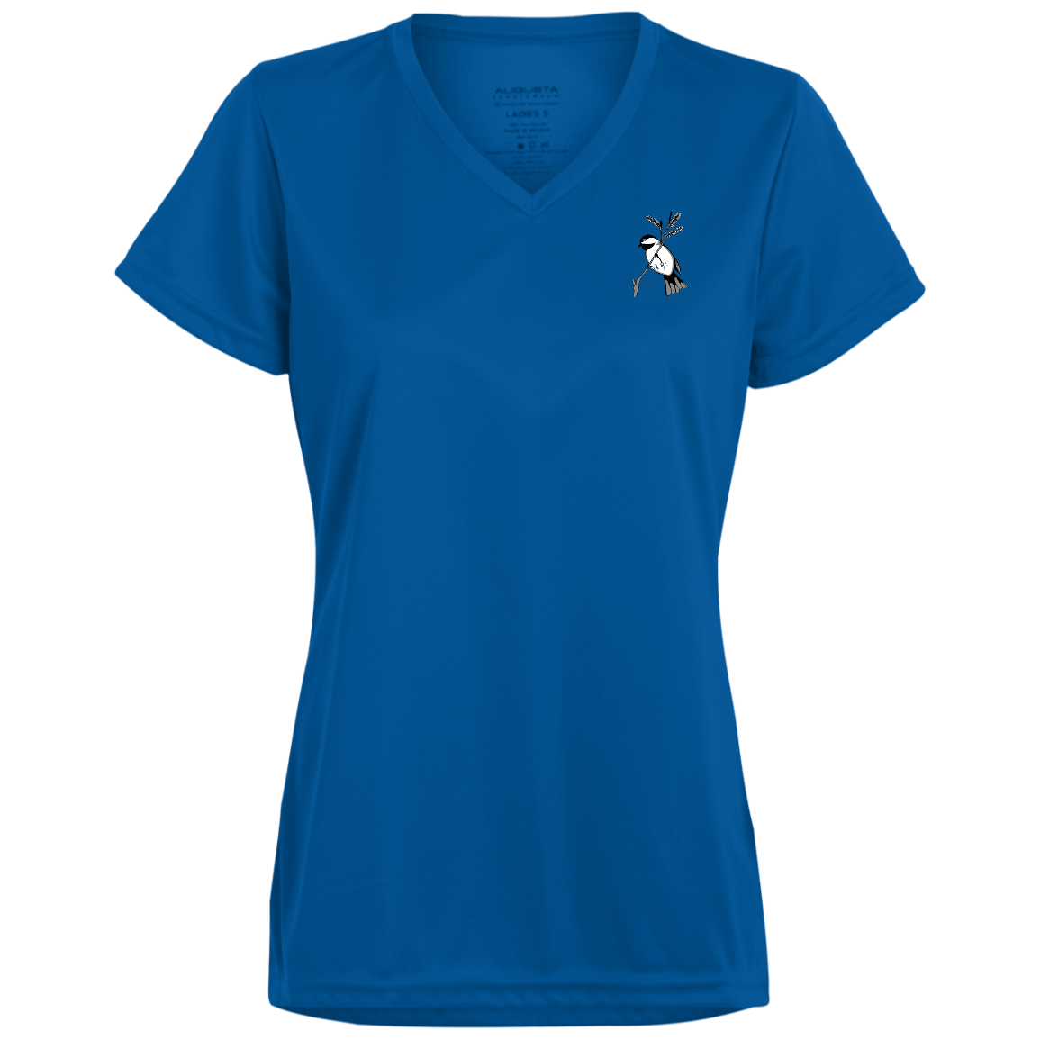 Royal blue ladies v neck tee multiple sizes with black capped chickadee