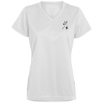 White ladies v neck tee multiple sizes with black capped chickadee