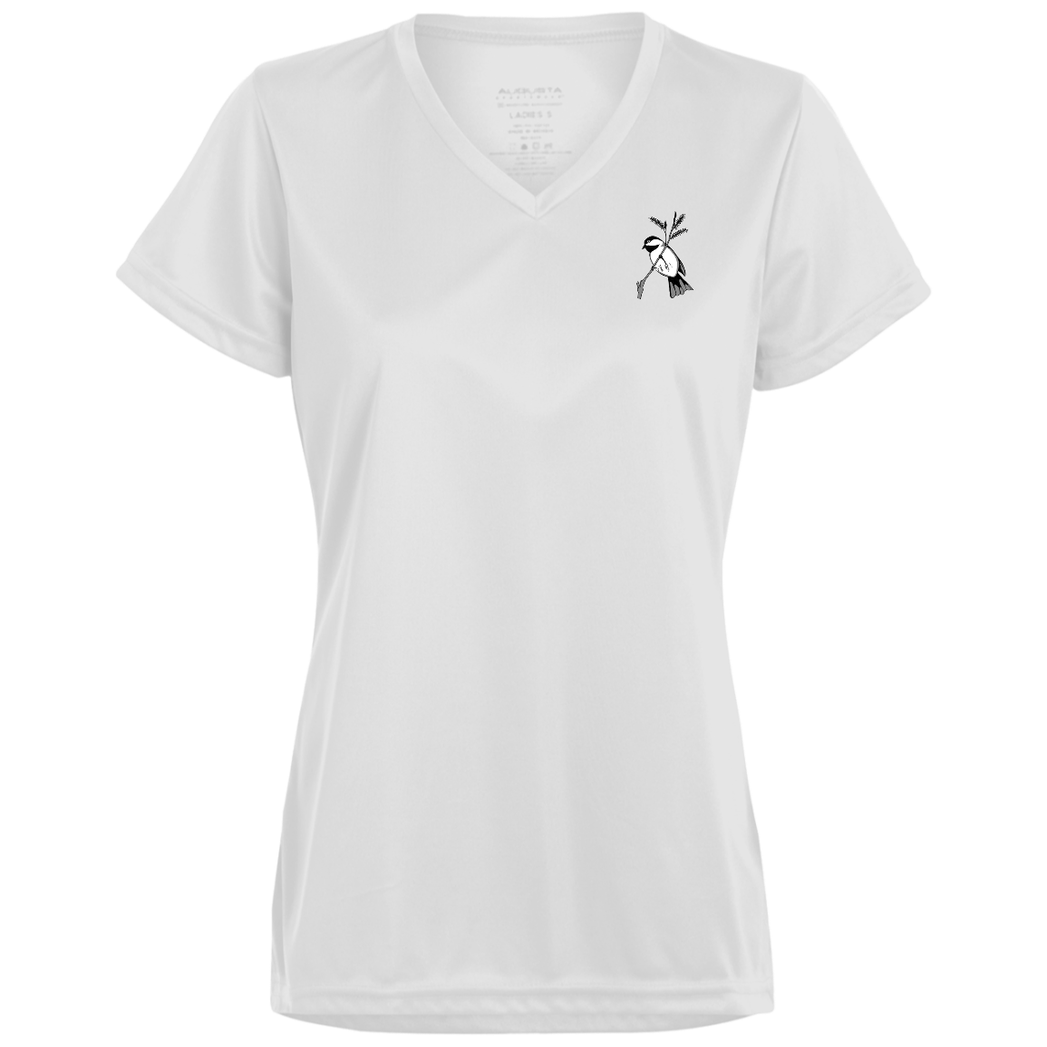 White ladies v neck tee multiple sizes with black capped chickadee